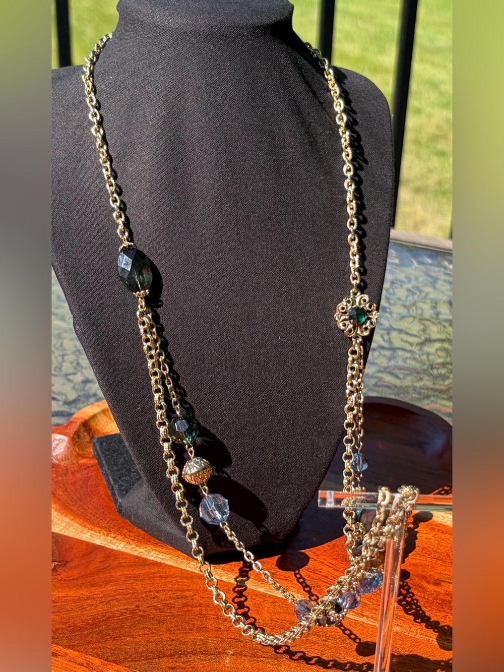 Vintage 1928 Jewelry Co Double Strand Blue Glass Bead Layered Necklace Gold Tone - Picture 9 of 9